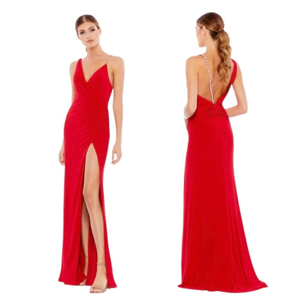Ieena for Mac Duggal Red Asymmetrical Pearl Strap V-Neck Dress Gown Womens 8 NWT